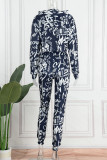 Tibetan Blue Casual Street Print Patchwork Hooded Collar Long Sleeve Two Pieces