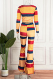 Colour Casual Striped Print Patchwork O Neck Long Sleeve Two Pieces