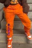 Tangerine Red Casual Print Letter Mid Waist Bottoms