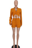 Fluorescent Yellow Fashion Casual Solid Bandage Patchwork V Neck Long Sleeve Two Pieces