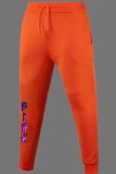 Tangerine Red Casual Print Letter Mid Waist Bottoms