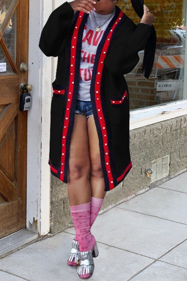 Black Casual Patchwork Cardigan Outerwear