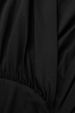 Black Elegant Solid Patchwork Slit V Neck Long Dress Dresses