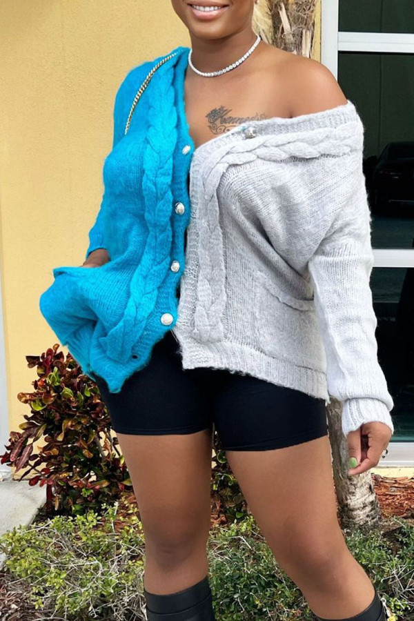 Blue Gray Casual Solid Patchwork Buckle V Neck Tops