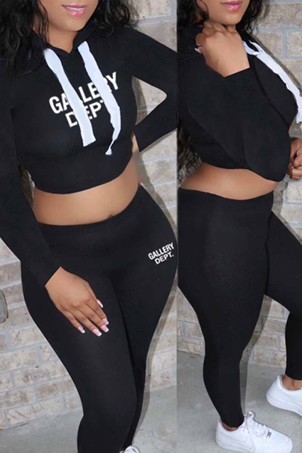 Black Casual Print Letter Hooded Collar Long Sleeve Two Pieces