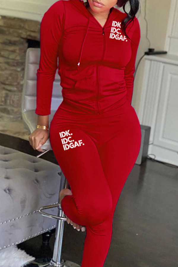 Red Casual Patchwork Zipper Hooded Collar Long Sleeve Two Pieces
