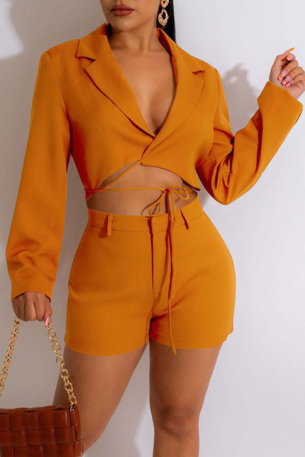 Caramel Colour Fashion Casual Solid Bandage Patchwork V Neck Long Sleeve Two Pieces