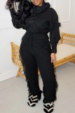 Black Casual Solid Tassel Patchwork Turtleneck Long Sleeve Two Pieces