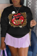 Black Street Daily Lips Printed Patchwork O Neck Tops