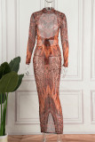 Colour Sexy Print Patchwork See-through O Neck Pencil Skirt Dresses