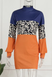 Tangerine Red Casual Print Patchwork O Neck One Step Skirt Dresses