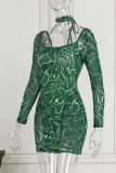 Green Sexy Print Patchwork Halter Pencil Skirt Dresses