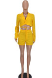 Fluorescent Yellow Fashion Casual Solid Bandage Patchwork V Neck Long Sleeve Two Pieces