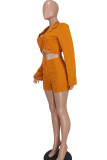 Fluorescent Yellow Fashion Casual Solid Bandage Patchwork V Neck Long Sleeve Two Pieces