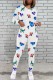 White Blue Casual Print Basic O Neck Long Sleeve Two Pieces