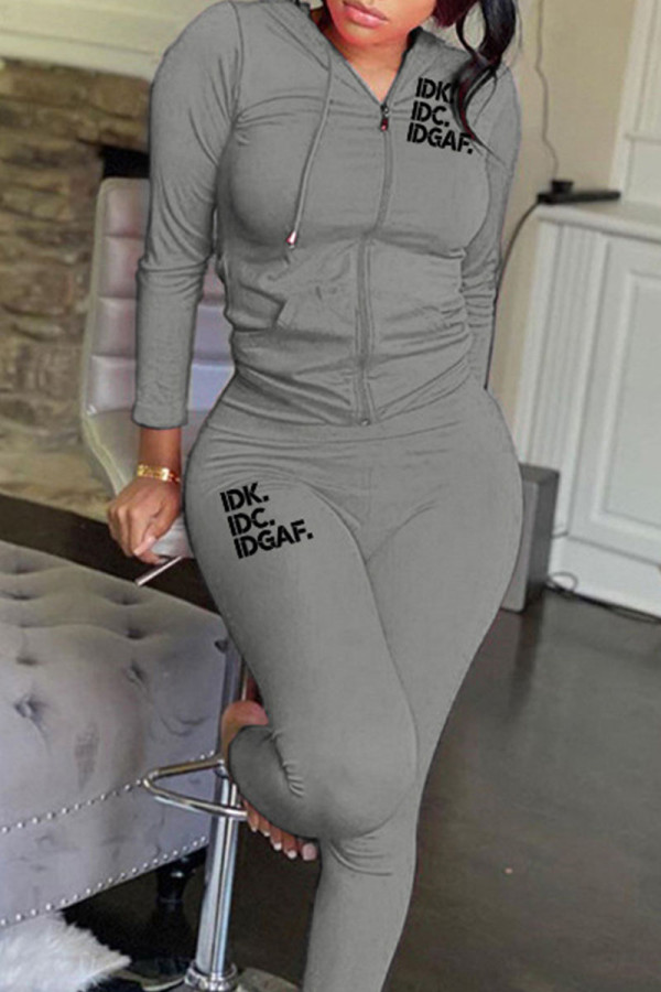 Grey Casual Patchwork Zipper Hooded Collar Long Sleeve Two Pieces