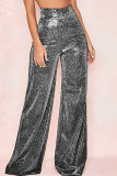Black Casual Solid Patchwork High Waist Wide Leg Solid Color Bottoms