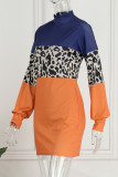 Tangerine Red Casual Print Patchwork O Neck One Step Skirt Dresses