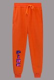 Tangerine Red Casual Print Letter Mid Waist Bottoms