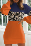 Tangerine Red Casual Print Patchwork O Neck One Step Skirt Dresses