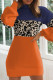 Tangerine Red Casual Print Patchwork O Neck One Step Skirt Dresses