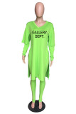 Fluorescent Green Casual Print Patchwork Slit V Neck Long Sleeve Two Pieces