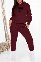 Burgundy Street Print Letter Hooded Collar Long Sleeve Two Pieces