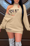 Pink Sexy Print Patchwork V Neck Long Sleeve Two Pieces