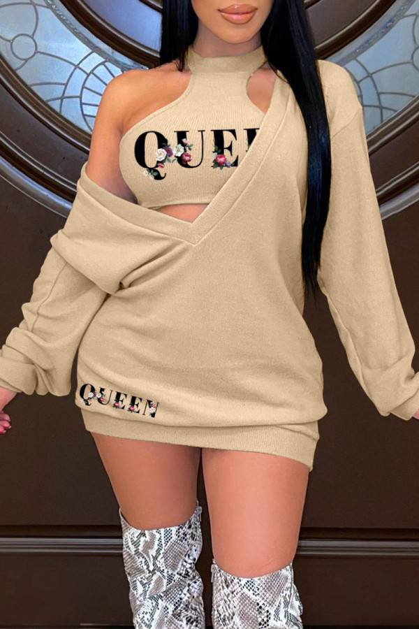 Khaki Sexy Print Patchwork V Neck Long Sleeve Two Pieces