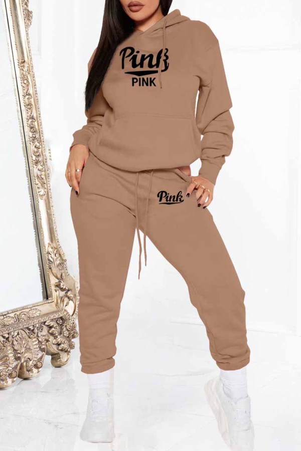 Camel Street Print Letter Hooded Collar Long Sleeve Two Pieces