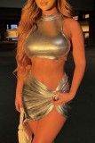 Silver Sexy Solid Patchwork Turtleneck Sleeveless Two Pieces