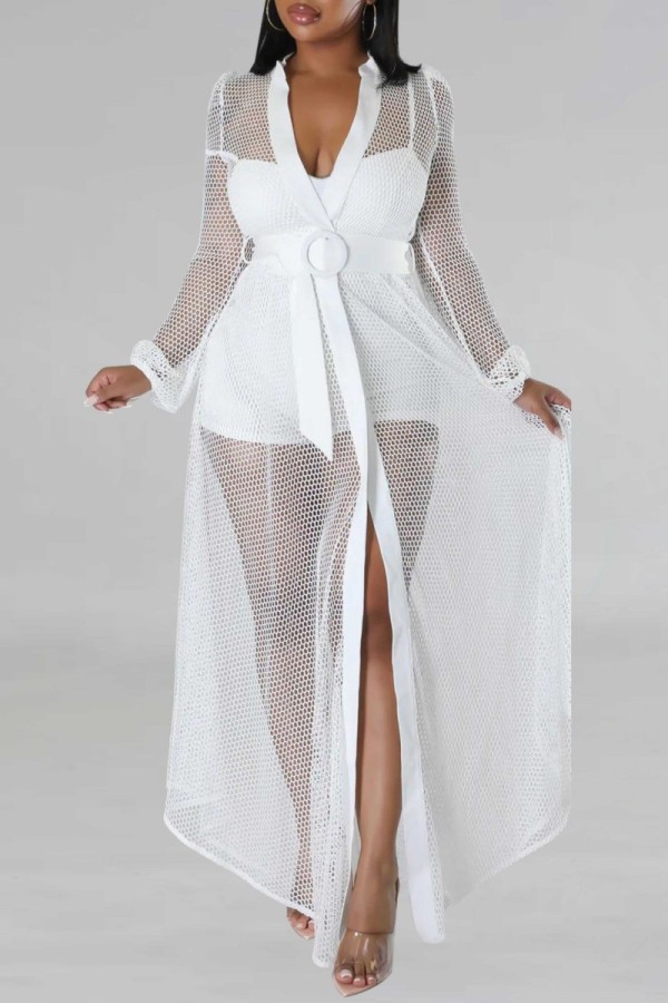 White Sexy Casual Solid Patchwork See-through V Neck Regular Rompers