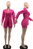 Rose Red Street Solid Bandage Turndown Collar Long Sleeve Two Pieces
