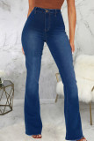 Dark Blue Casual Solid Patchwork High Waist Regular Denim Jeans