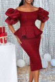 Burgundy Sexy Formal Solid Patchwork Slit Off the Shoulder Evening Dress Dresses