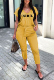 Yellow Fashion Casual adult Letter Patchwork Print Two Piece Suits pencil Short Sleeve Two Pieces