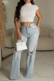 White Casual Solid Patchwork Turtleneck T-Shirts