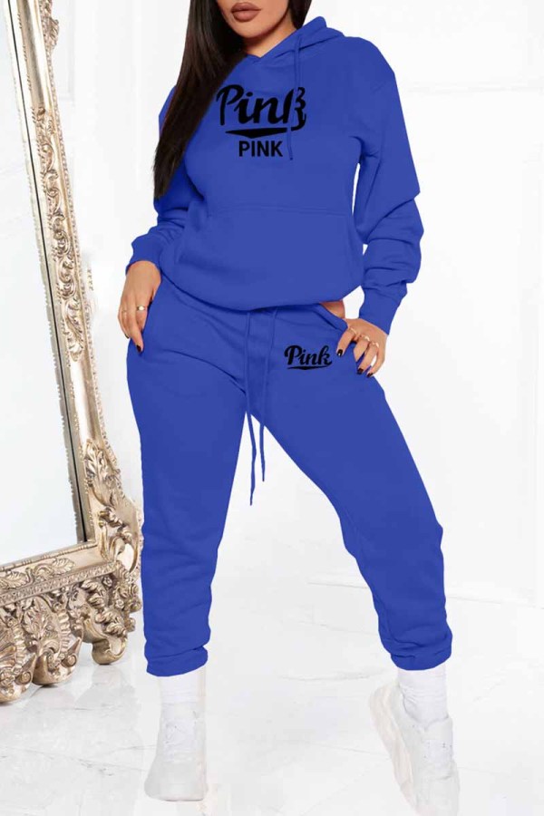 Royal Blue Street Print Letter Hooded Collar Long Sleeve Two Pieces