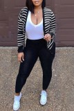 Ink Green Casual Striped Print Cardigan Pants Long Sleeve Two Pieces