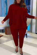 Red Casual Solid Patchwork Turtleneck Plus Size Two Pieces