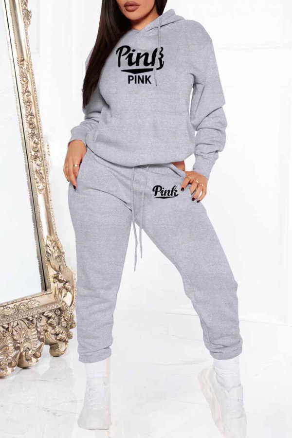 Light Gray Street Print Letter Hooded Collar Long Sleeve Two Pieces
