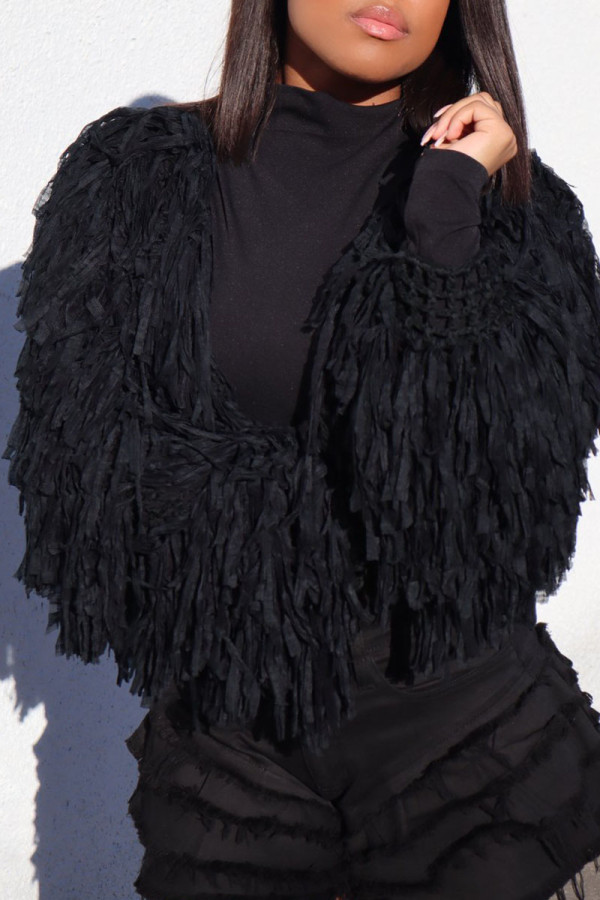 Black Street Solid Tassel Patchwork Cardigan Collar Outerwear