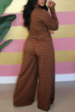 Coffee Casual Striped Print Patchwork O Neck Long Sleeve Two Pieces