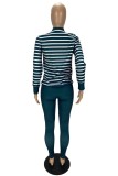 Ink Green Casual Striped Print Cardigan Pants Long Sleeve Two Pieces