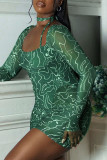 Green Sexy Print Patchwork Halter Pencil Skirt Dresses