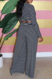 Coffee Casual Striped Print Patchwork O Neck Long Sleeve Two Pieces