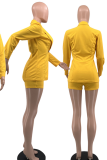 Yellow Street Solid Bandage Turndown Collar Long Sleeve Two Pieces