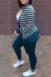 Ink Green Casual Striped Print Cardigan Pants Long Sleeve Two Pieces