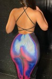 Multicolor Sexy Print Backless Cross Straps Halter Sleeveless Dress Dresses