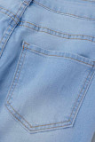 Light Blue Casual Solid Patchwork High Waist Boot Cut Denim Jeans